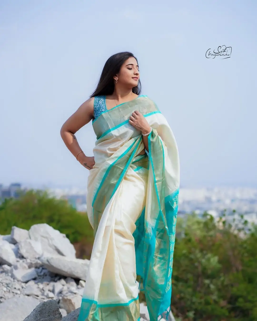 Telugu Actress Viraajita in Beautiful White Saree Blue Blouse